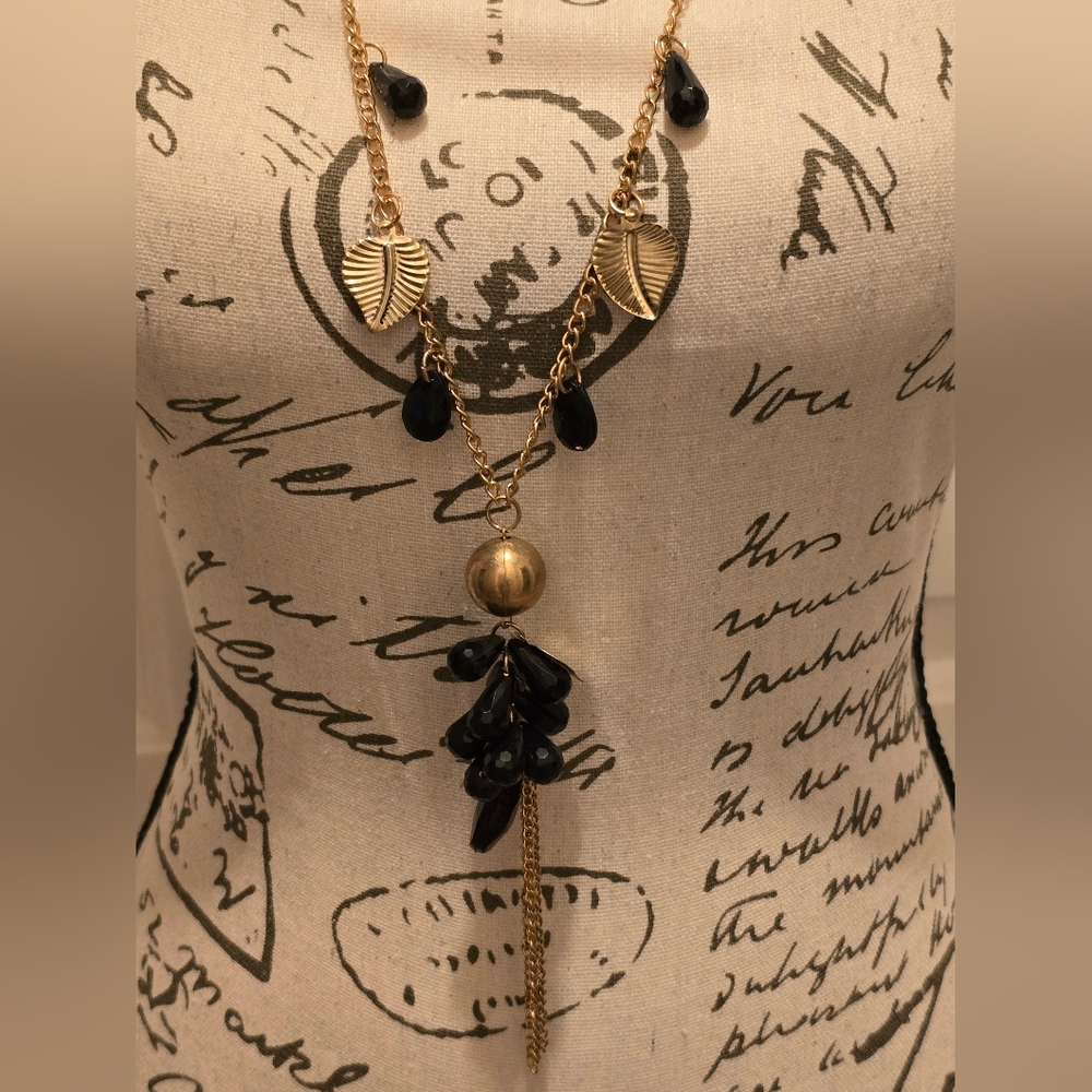 Gold Leaf & Black Bead Necklace